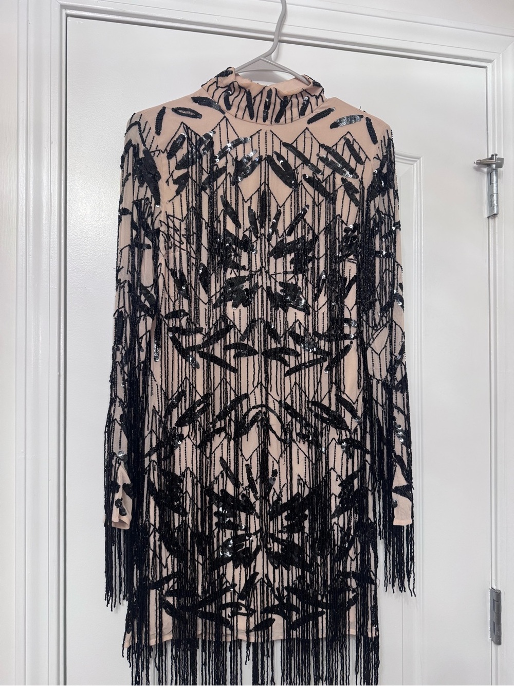 Beaded Fringe Long Sleeve Mini Dress - Black on Nude UK 10 , US 6